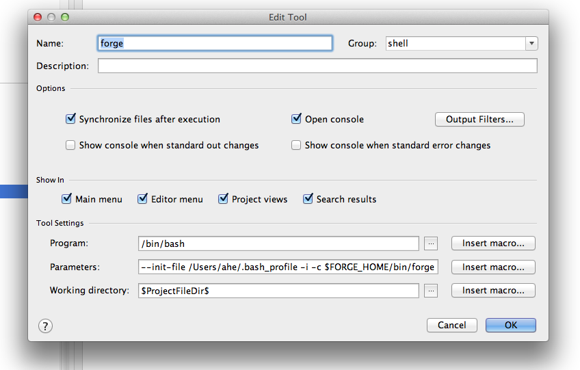 Screenshot of "External Tools" configuration for JBoss Forge